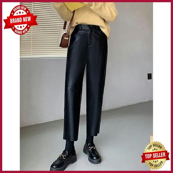 Faux Leather Pants High Waist Straight Leg Ankle Cropped Vegan Pleather - Picture 5 of 7